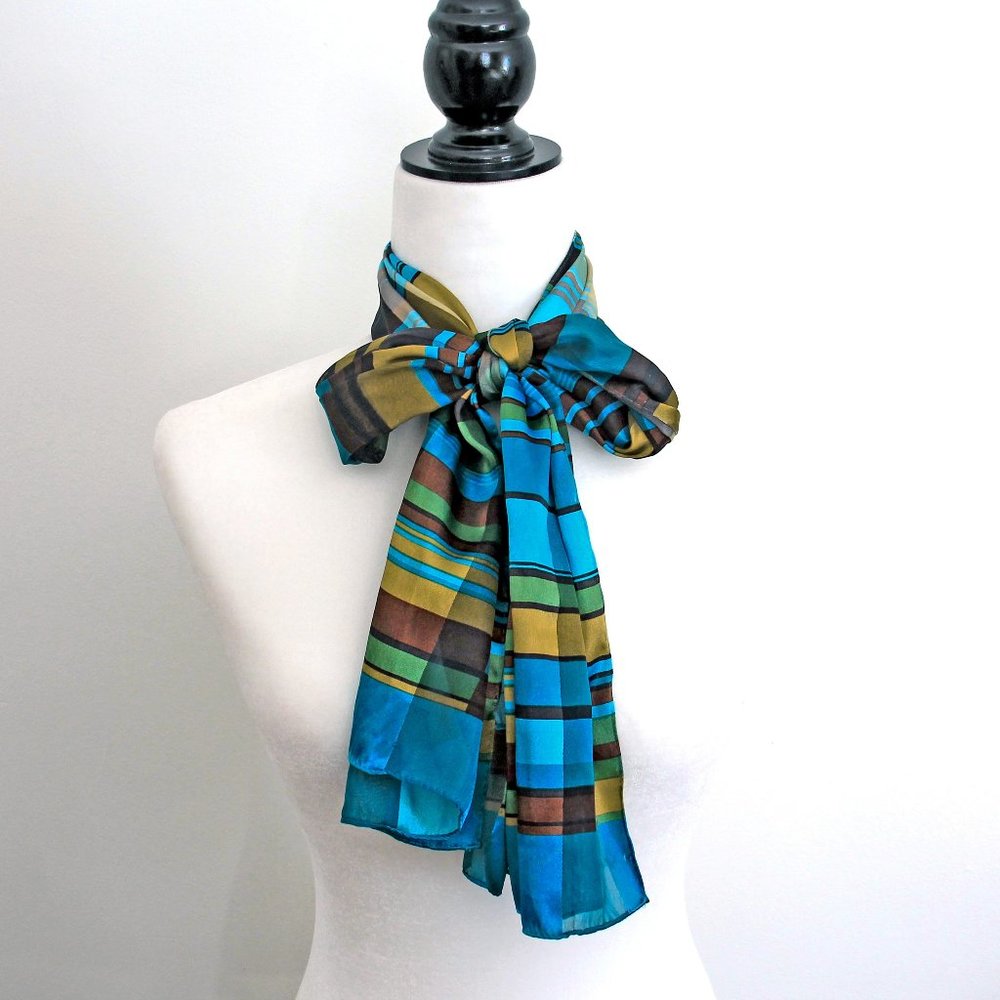 Vintage teal plaid scarf, 58 inches